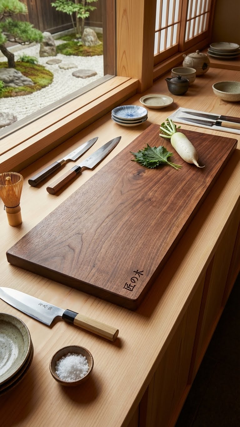 Wood cutting board in kitchen setting handmade in USA