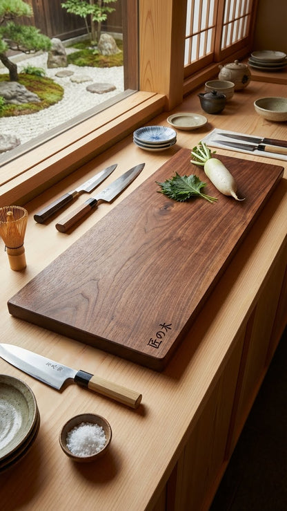 Wood cutting board in kitchen setting handmade in USA
