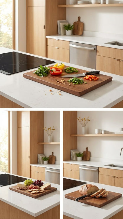 Solid wood cutting board with vegetables daily meal prep use