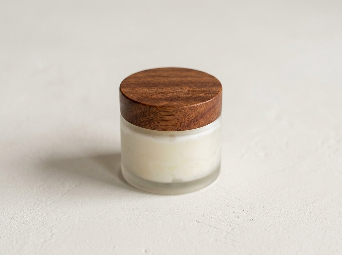 Organic MCT Oil and Beeswax Board Butter in glass jar with solid Sapele wood lid