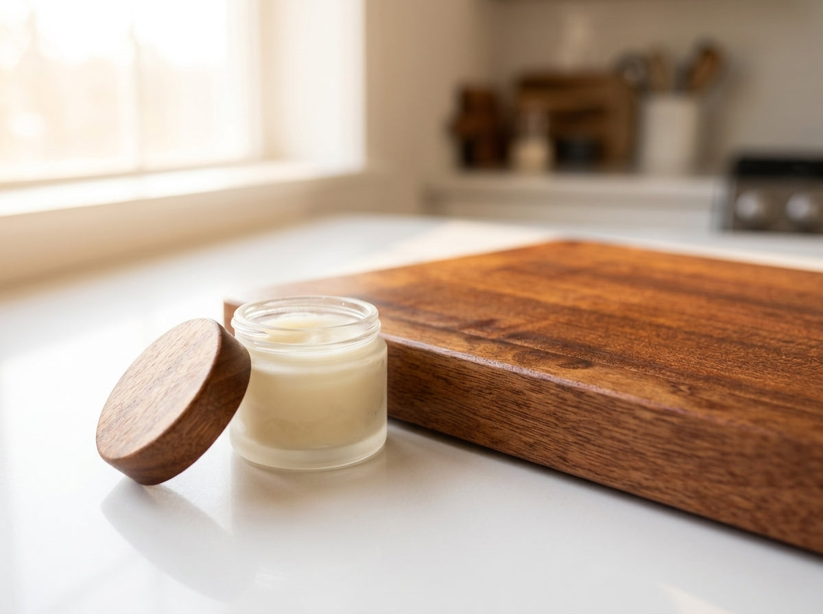 Board Butter jar on bright kitchen counter next to hardwood cutting board