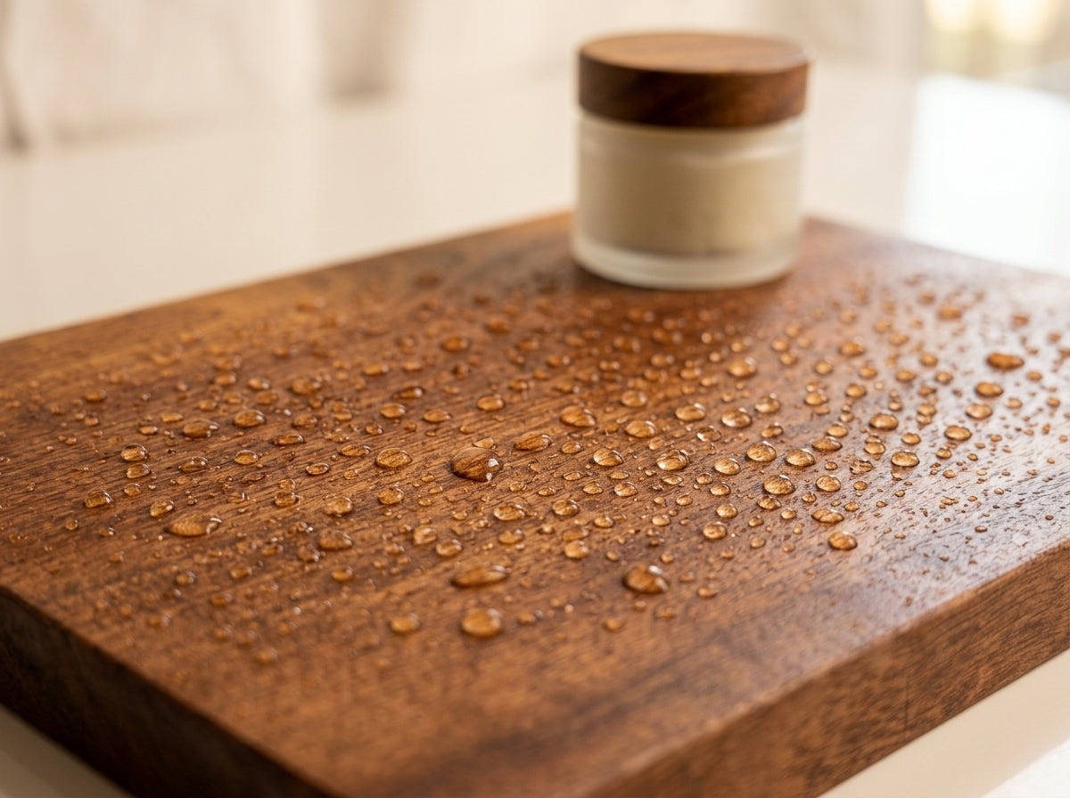 Water droplets beading up on wood conditioned with MCT oil and beeswax