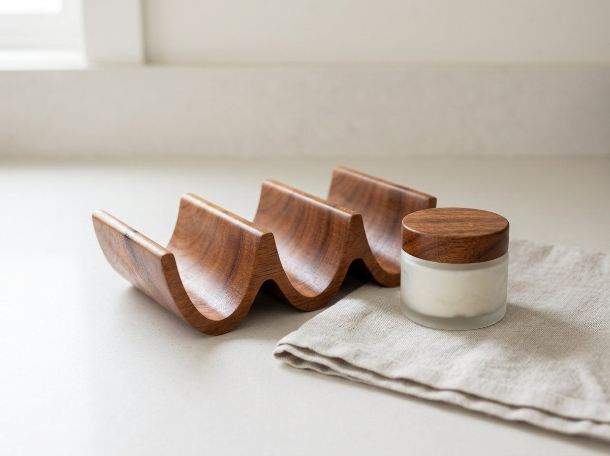 Solid wood taco holder conditioned with organic board butter