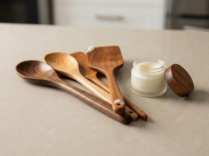 Wooden spoons and cooking spatulas nourished with Board Butter