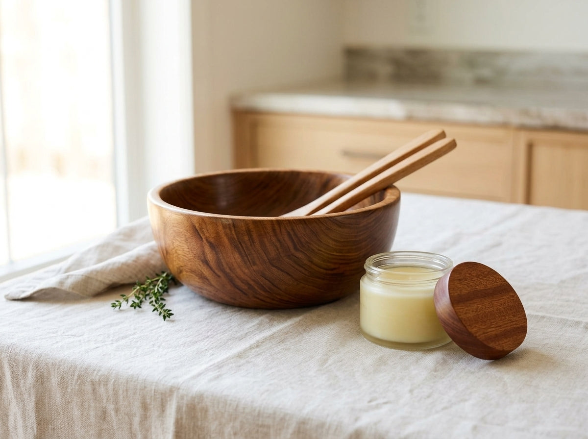 Solid wooden salad bowl conditioned with food-safe Board Butter