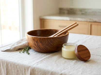 Solid wooden salad bowl conditioned with food-safe Board Butter