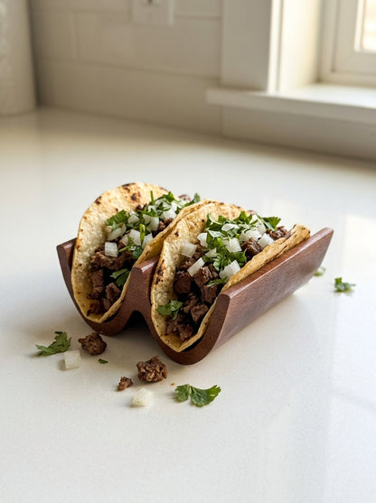 Solid mahogany double taco holder serving carne asada street tacos with cilantro and onion garnish
