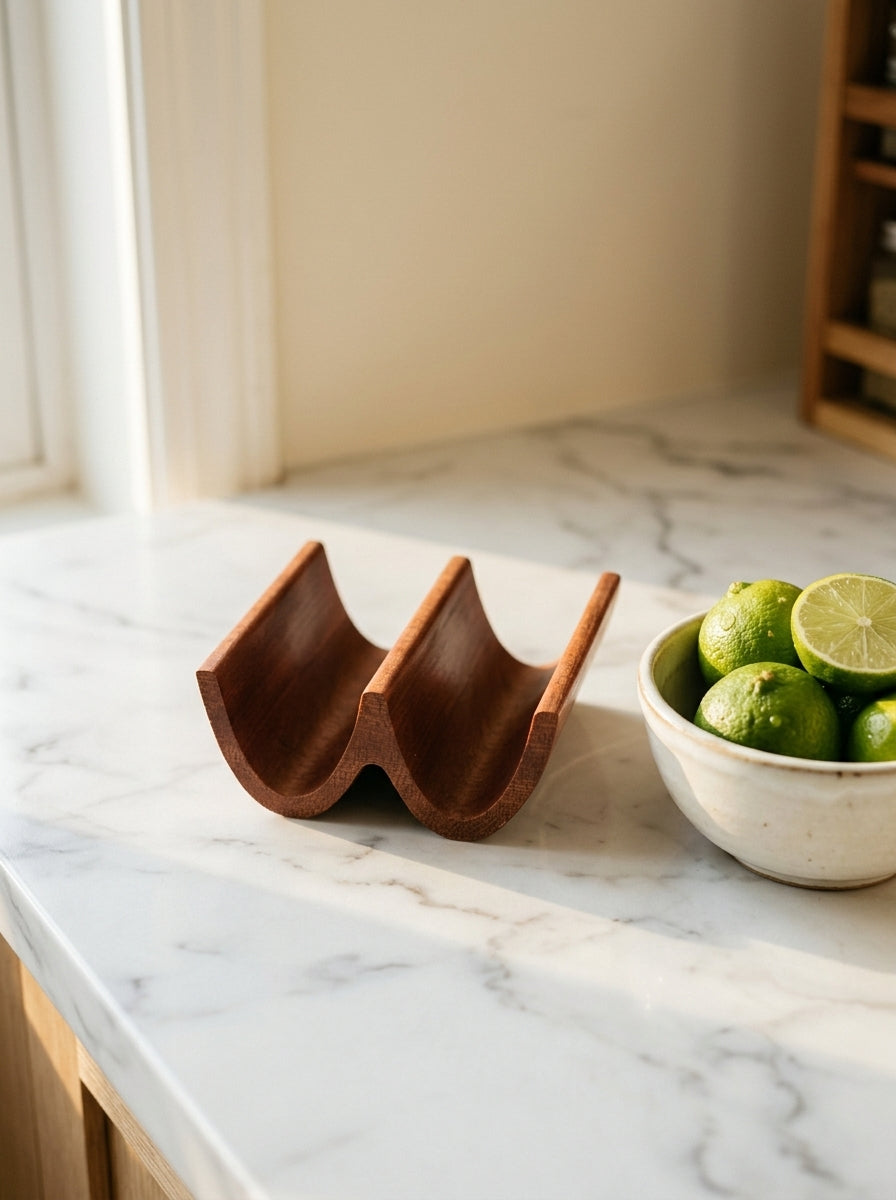 Solid mahogany double taco holder on marble countertop with bowl of limes and halved lime