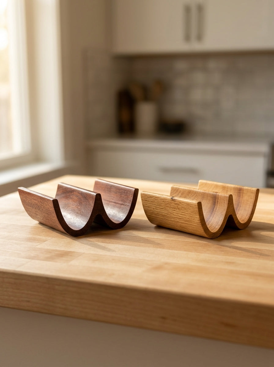 Mahogany and oak double taco holders side by side on butcher block showing both wood options