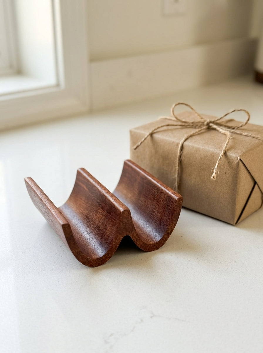 Solid mahogany double taco holder with kraft paper gift box and twine, ready for gift giving