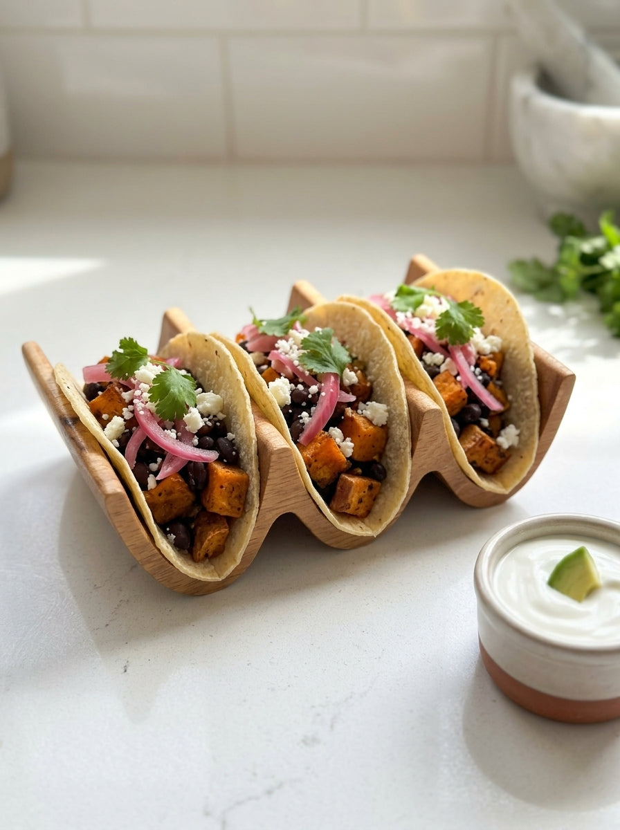 Solid mahogany double taco holder serving Korean bulgogi fusion tacos, modern kitchen setting
