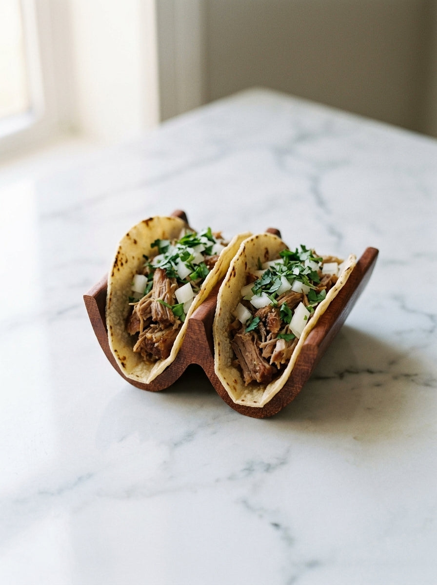 Handmade mahogany triple taco holder filled with carnitas tacos, overhead angle with cilantro