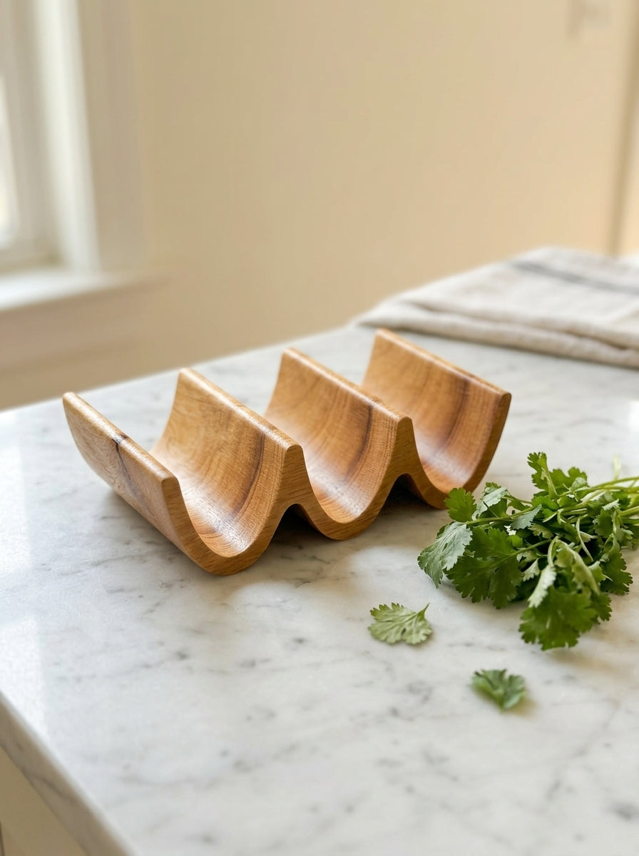 Solid oak triple taco holder with fresh cilantro and linen towel on marble surface, natural light