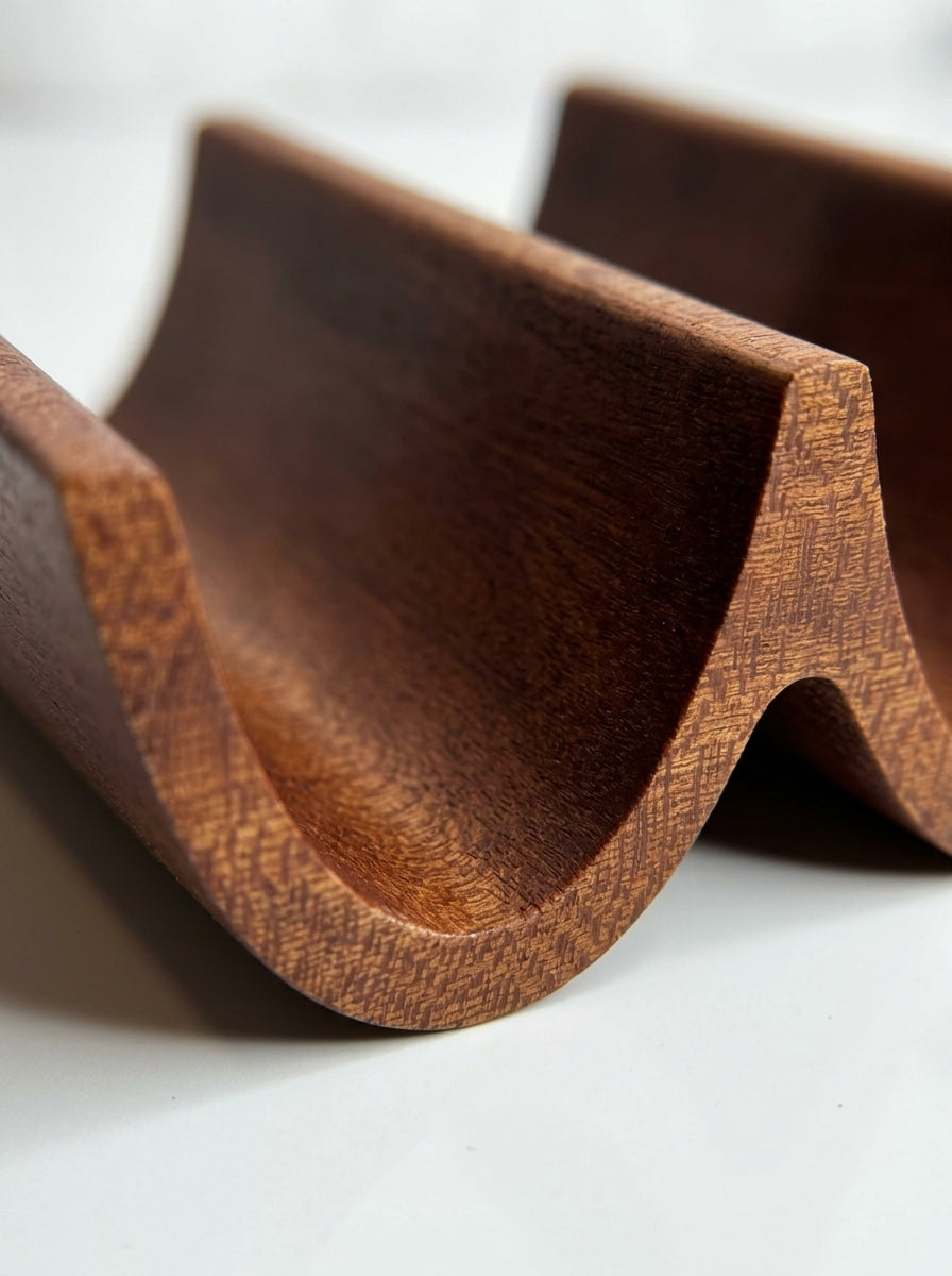 Solid oak triple taco holder at an outdoor barbecue with pulled pork tacos, backyard setting
