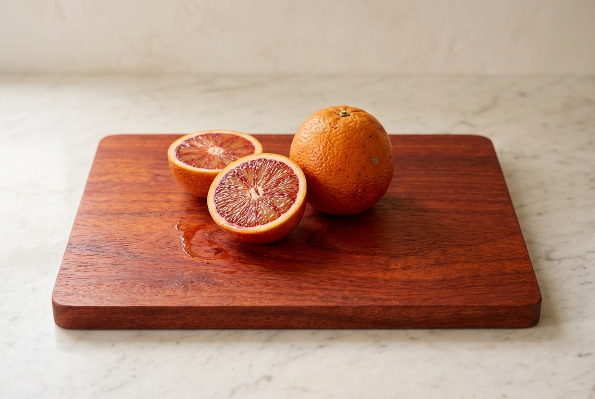 Padauk cutting board with whole and halved blood oranges and fresh juice on the board, white marble counter