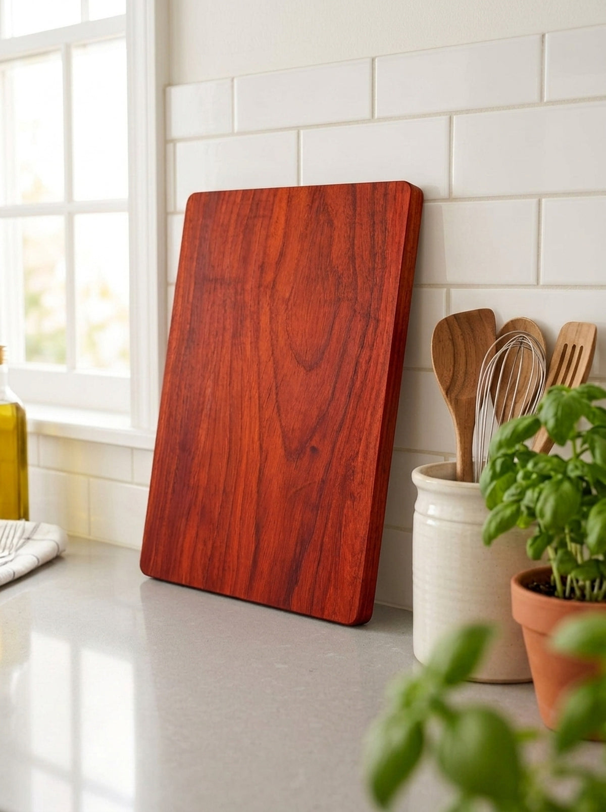 Padauk wood cutting board leaning against white subway tile backsplash in bright kitchen with utensil crock and basil plant