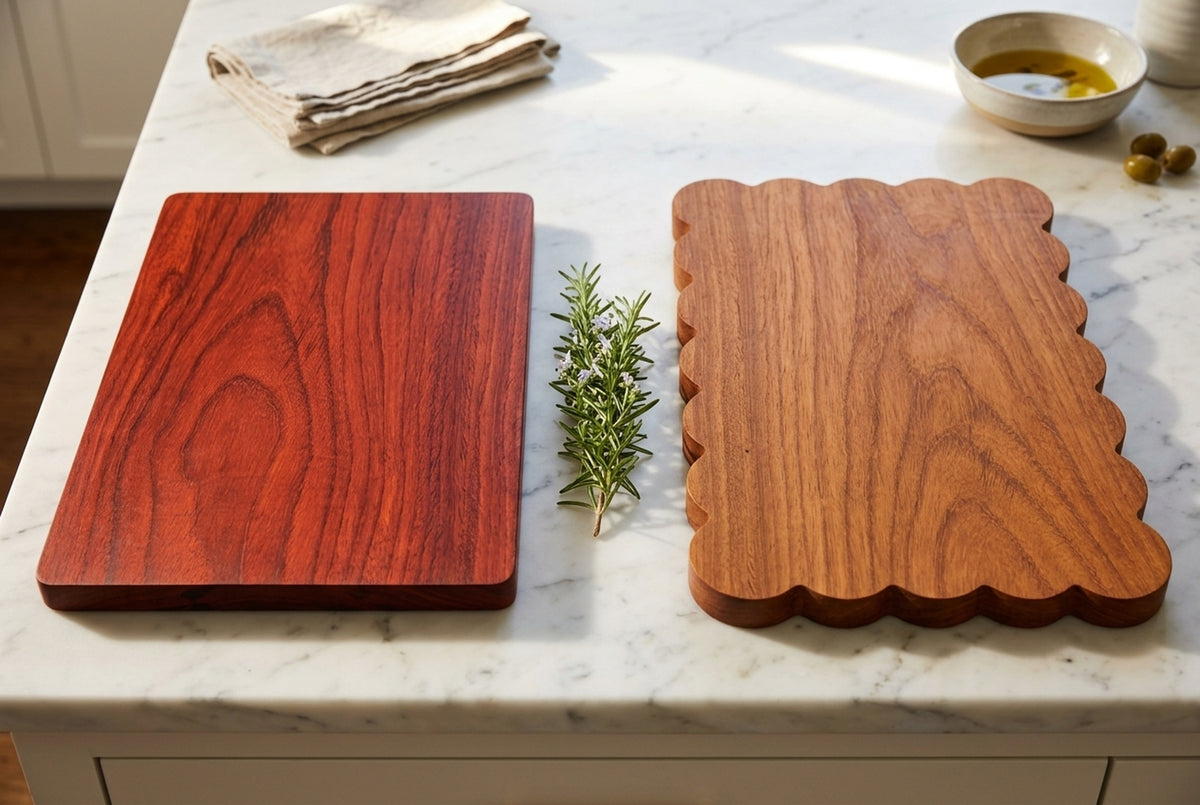 Padauk cutting board 12x17 and larger scalloped charcuterie board 12x19 together showing full product line correct proportions
