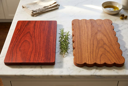 Padauk cutting board 12x17 and larger scalloped charcuterie board 12x19 together showing full product line correct proportions