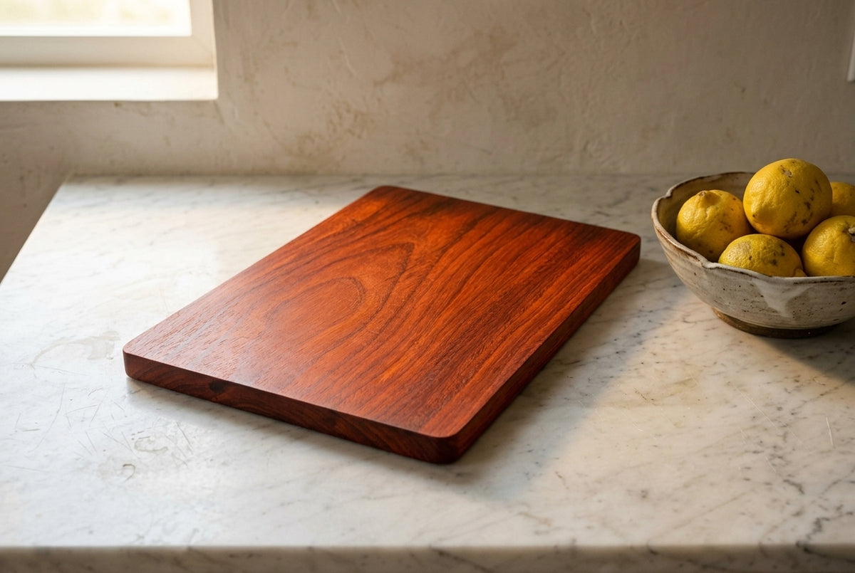 Handcrafted padauk wood cutting board three quarter angle on marble counter with bowl of fresh lemons natural kitchen light