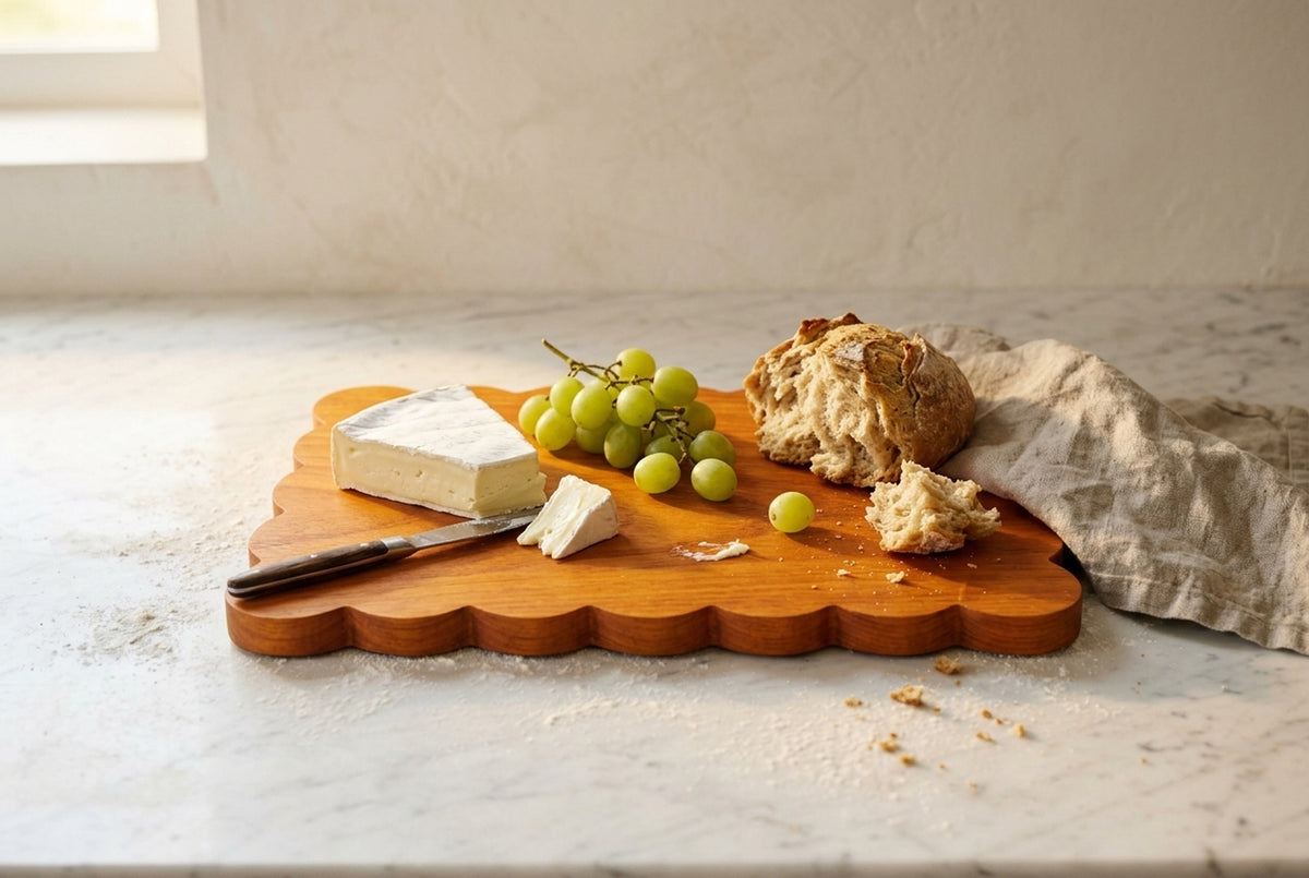 Padauk scalloped serving board with brie wedge green grapes torn artisan bread and linen napkin natural kitchen light