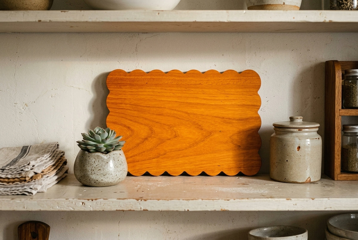 Padauk scalloped charcuterie board on kitchen shelf with succulent ceramic jar warm home decor display editorial