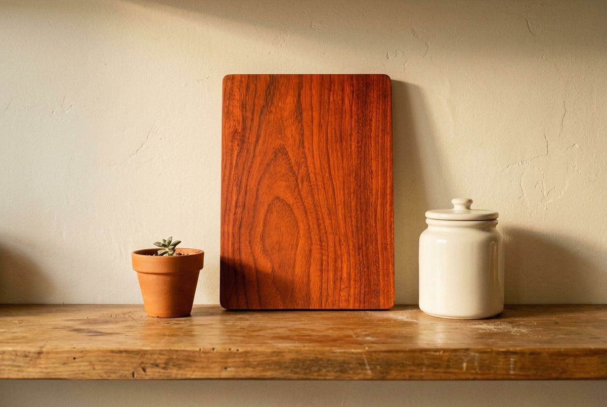 Padauk cutting board displayed on open kitchen shelf with succulent and ceramic jar warm home decor styling