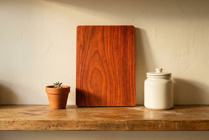 Padauk cutting board displayed on open kitchen shelf with succulent and ceramic jar warm home decor styling