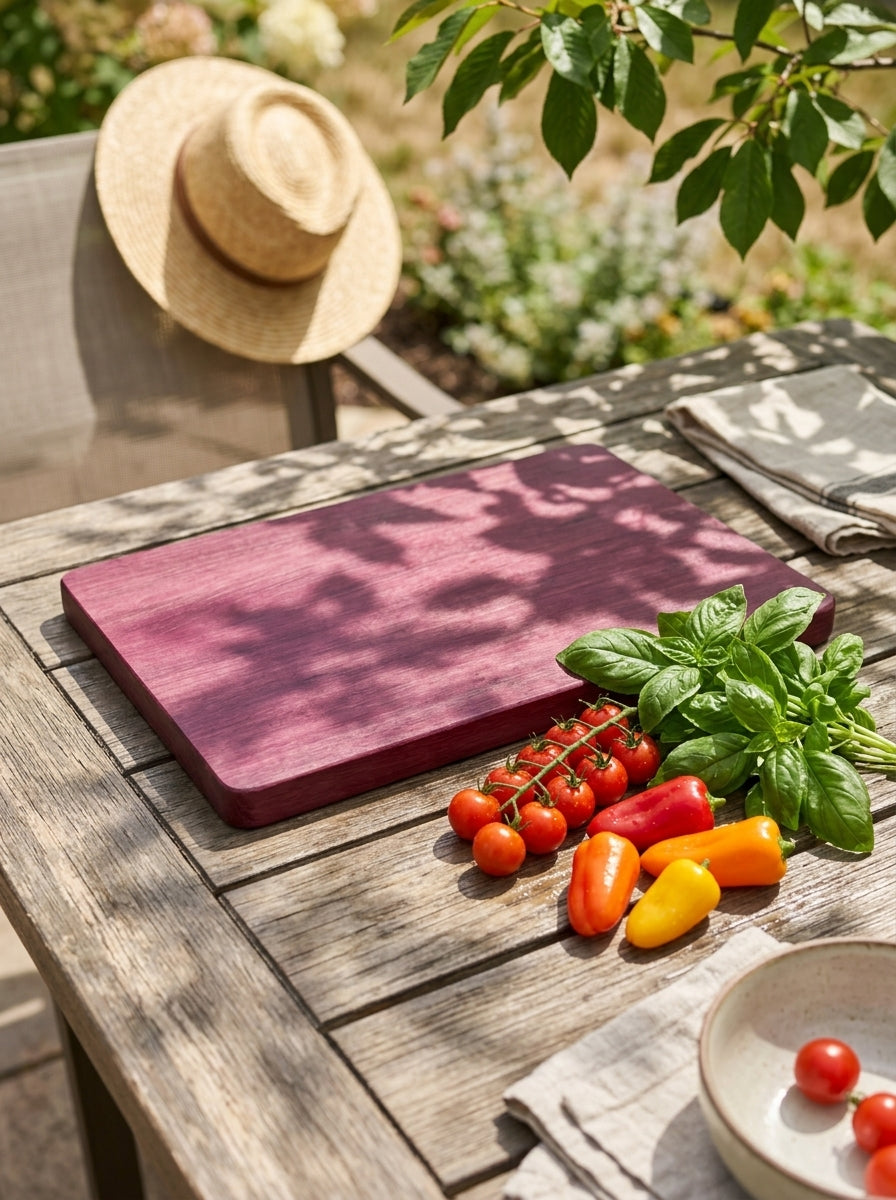Purple heart cutting board garden table herbs natural light