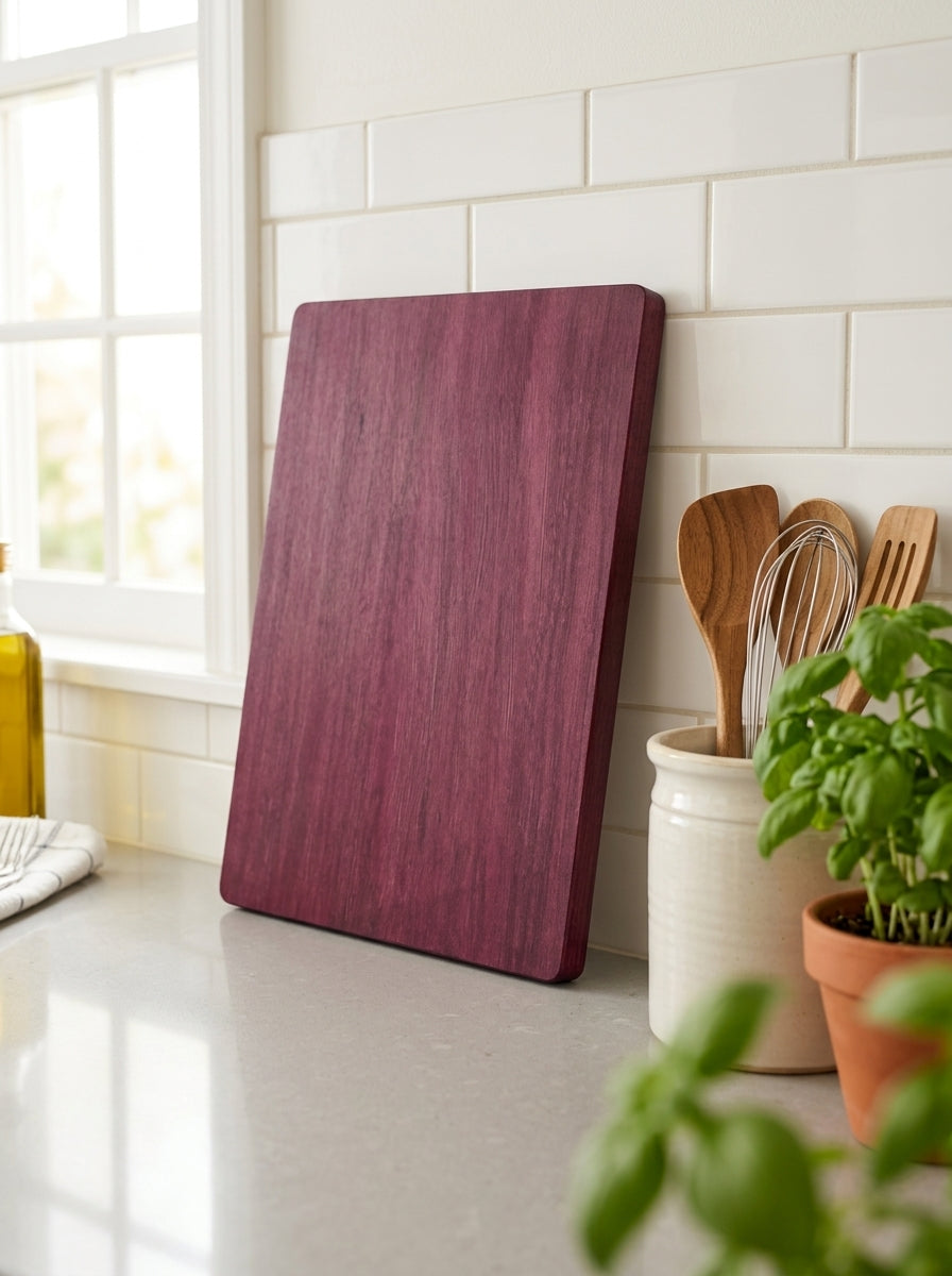 Purple heart cutting board kitchen counter subway tile