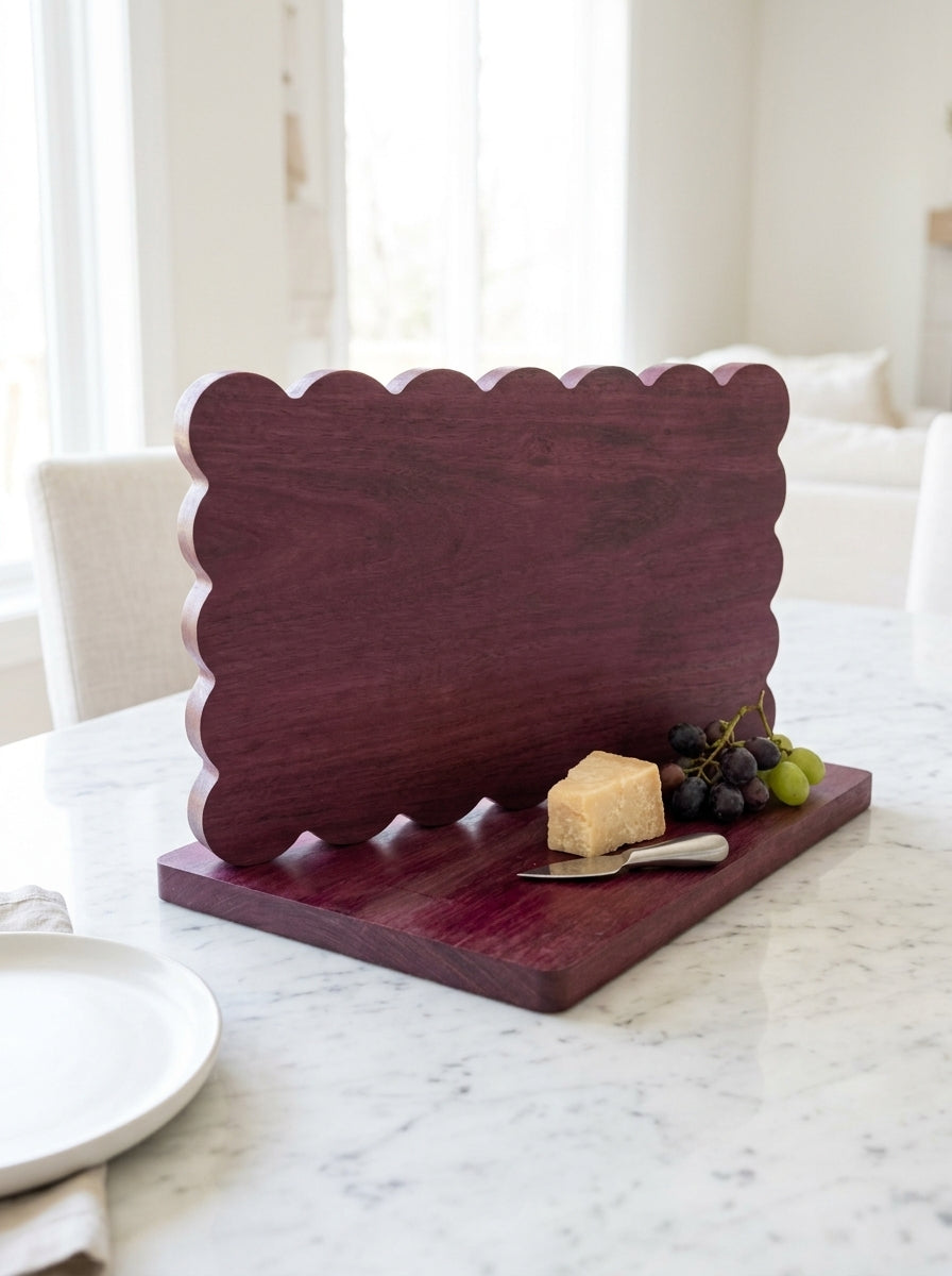 Purple heart scalloped charcuterie board parmesan grapes serving