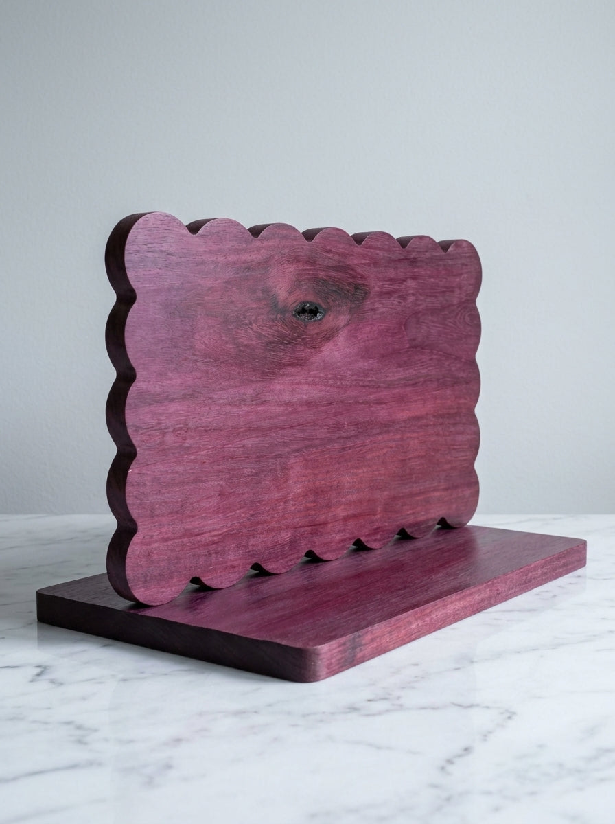 Purple heart scalloped charcuterie board three quarter angle