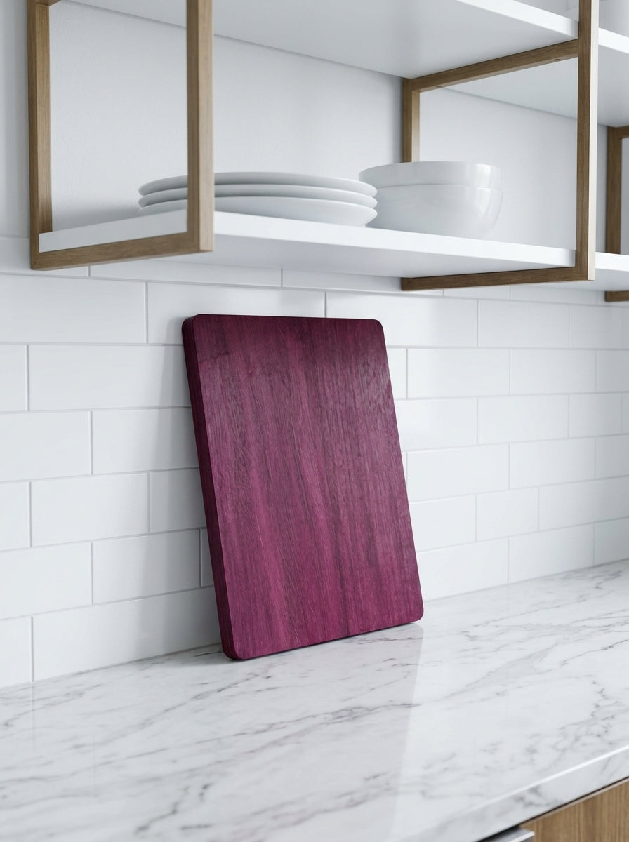 Purple heart cutting board kitchen open shelving subway tile