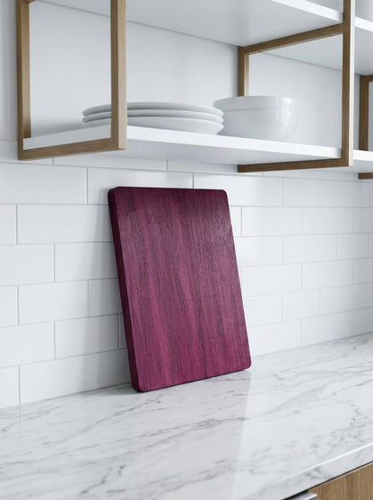 Purple heart cutting board kitchen open shelving subway tile
