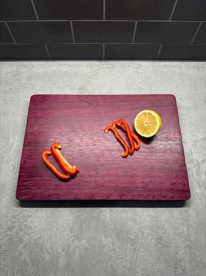 Purple heart cutting board vegetable prep bell pepper lemon