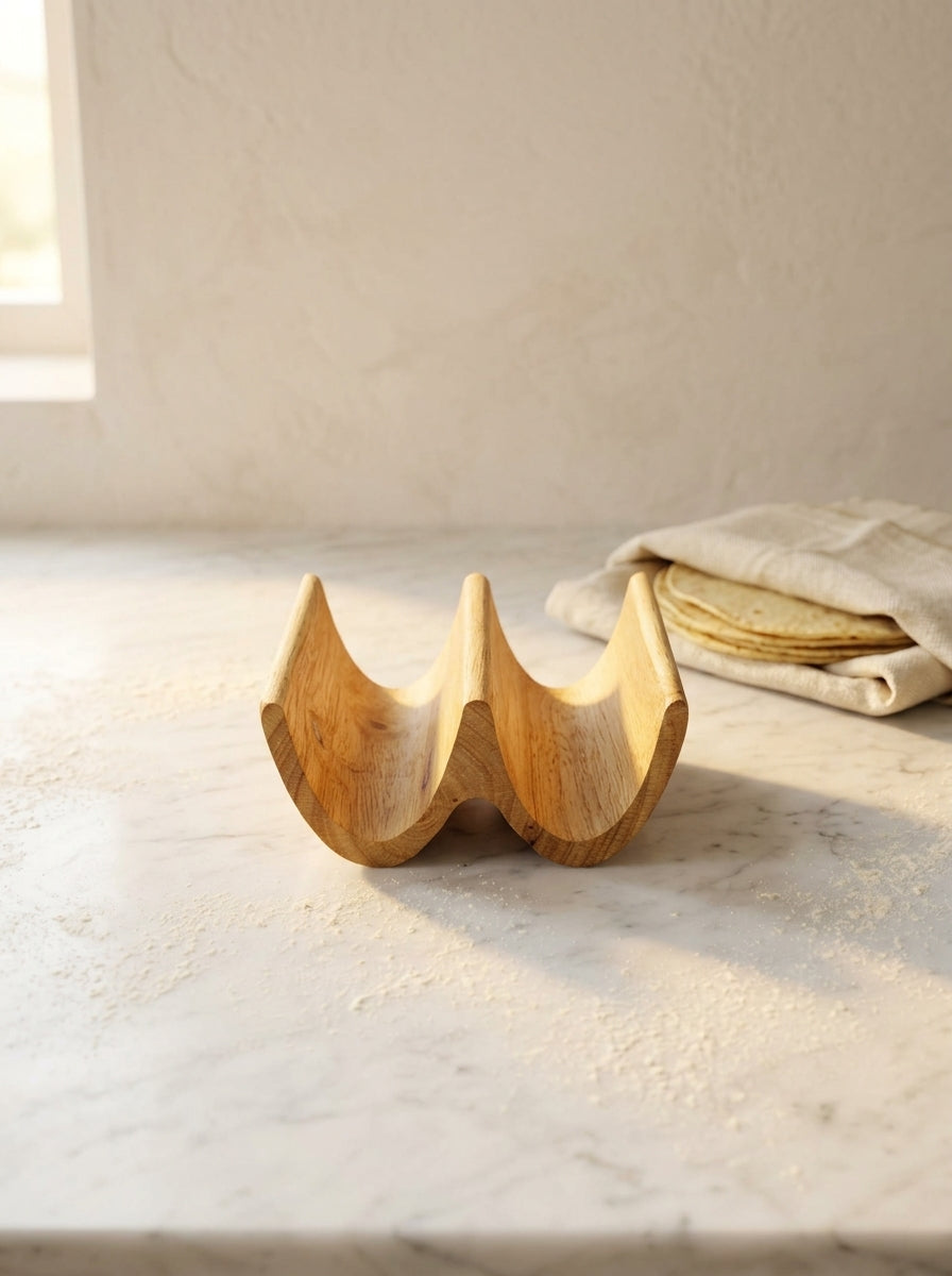 Handmade solid oak double taco holder, side profile showing two carved slots on white marble surface