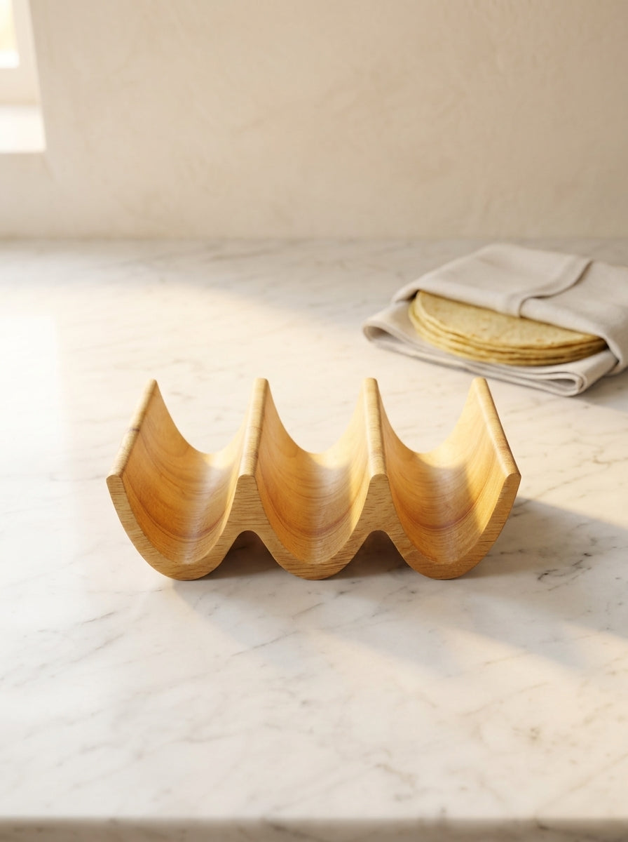 Handmade solid oak triple taco holder, side profile showing three carved slots on white marble counter