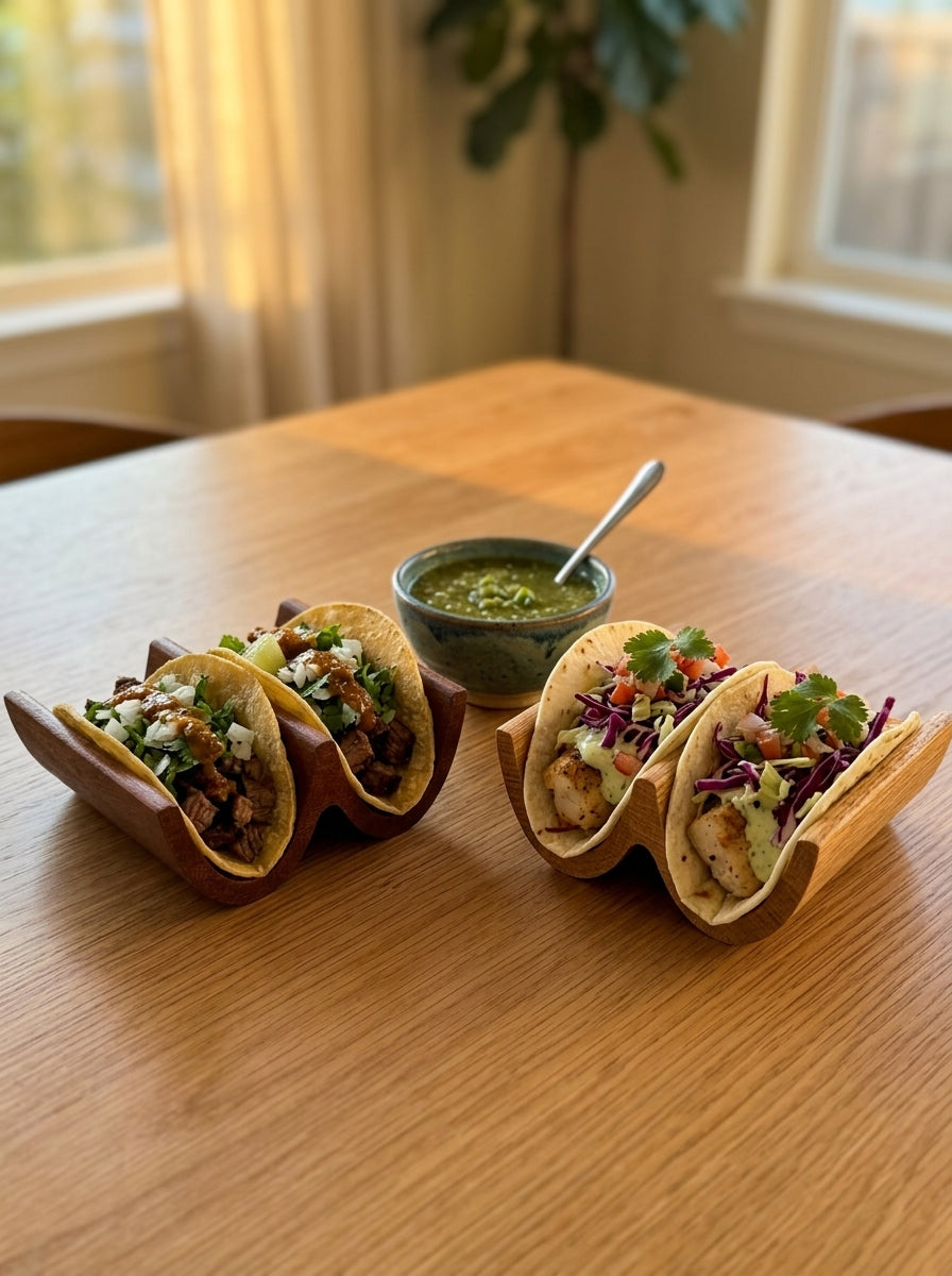 Two solid wood taco holders at a full taco night dinner spread, perfect for Taco Tuesday hosting