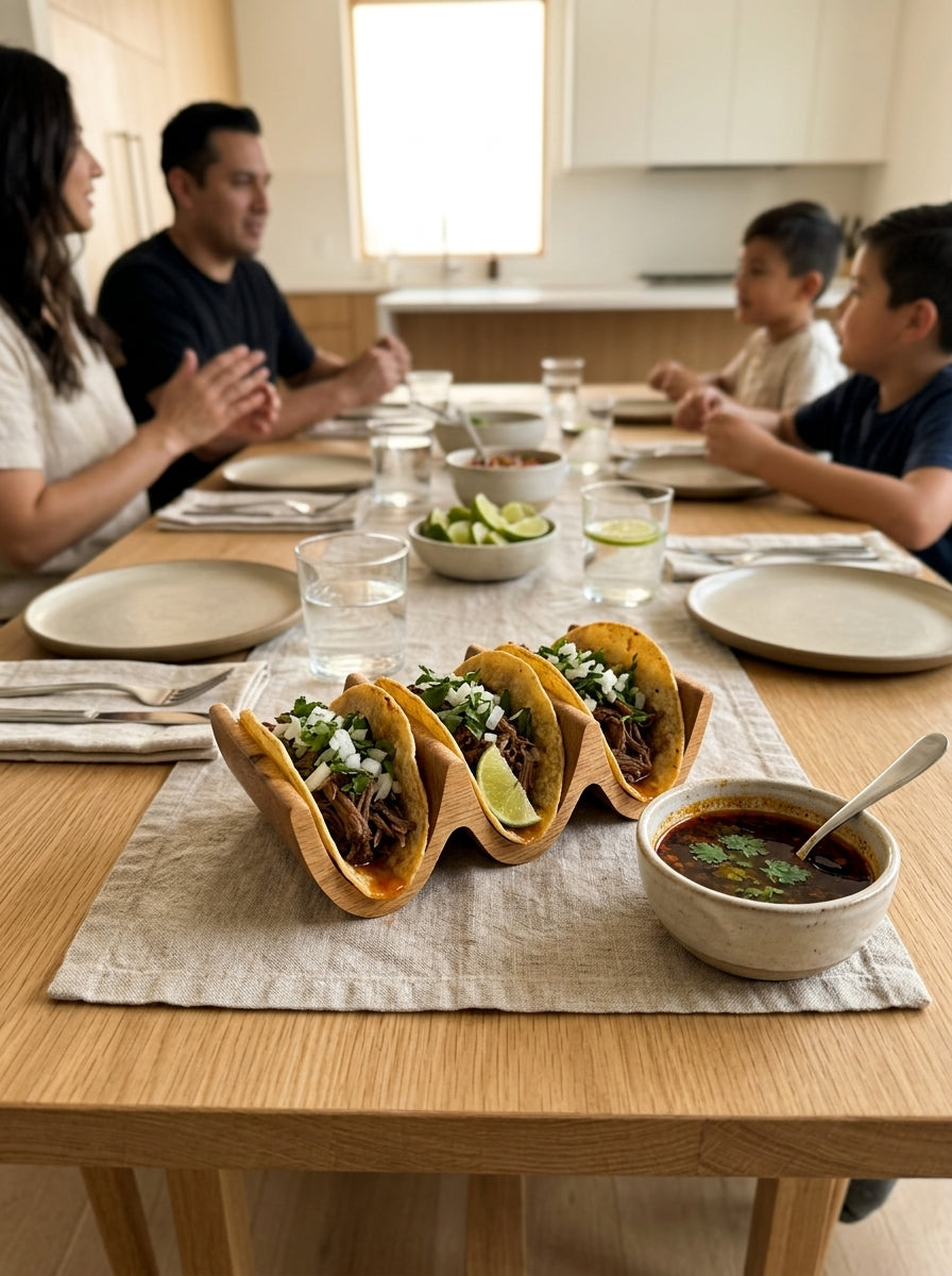 Handcrafted wood taco holder serving birria tacos at a cozy taco night dinner setting