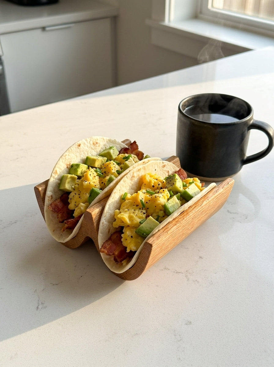 Handmade wood taco holder serving breakfast tacos beside a morning coffee mug, kitchen counter