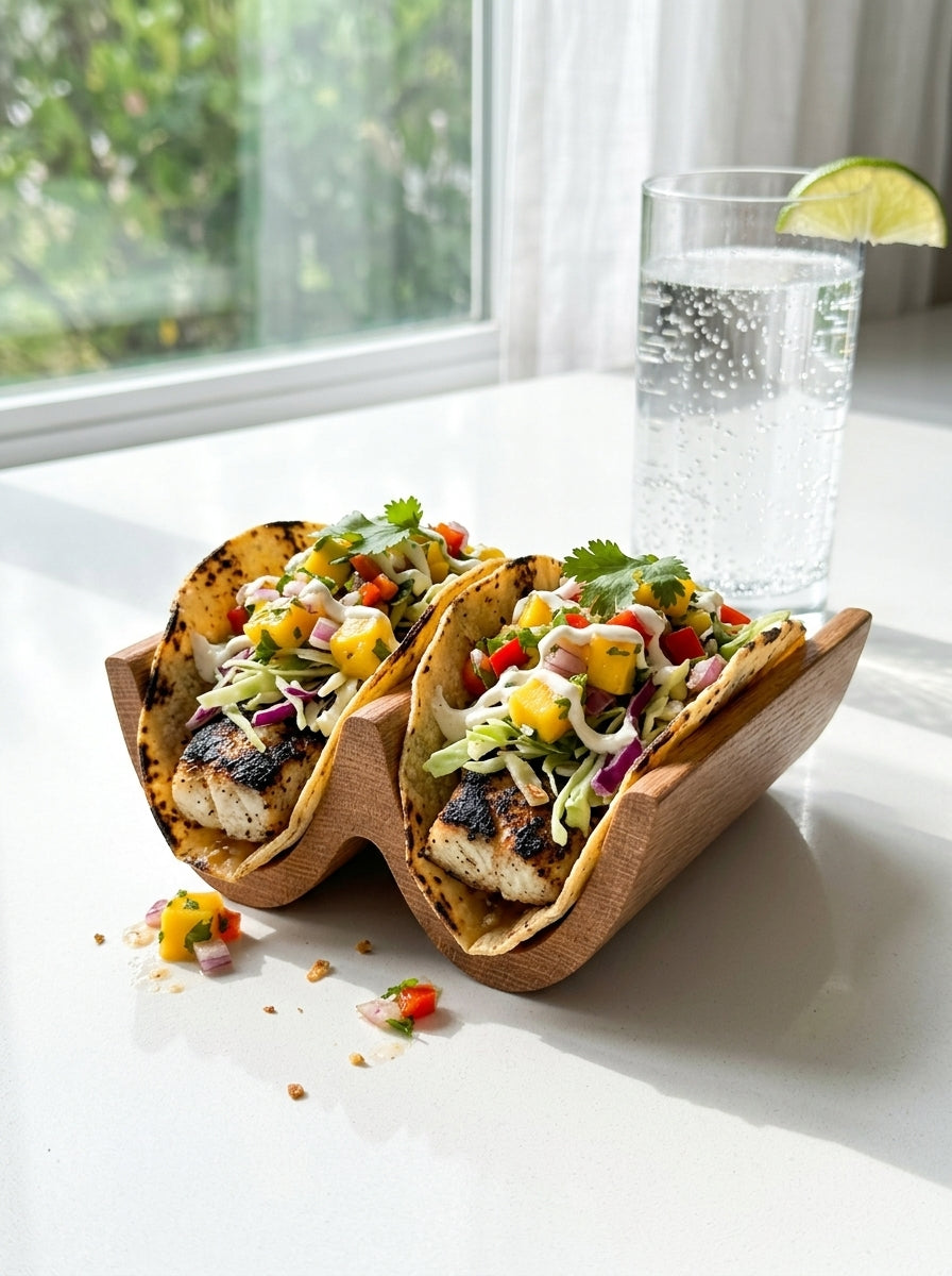 Handcrafted wood taco holder serving fresh fish tacos with mango salsa and lime wedges