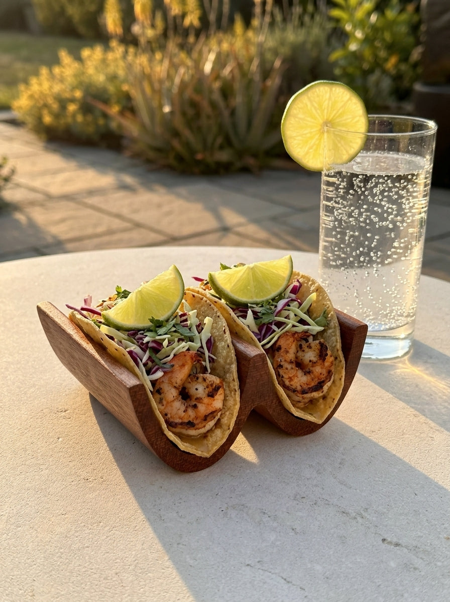 Solid wood taco holder with shrimp tacos on outdoor patio table, al fresco dining scene