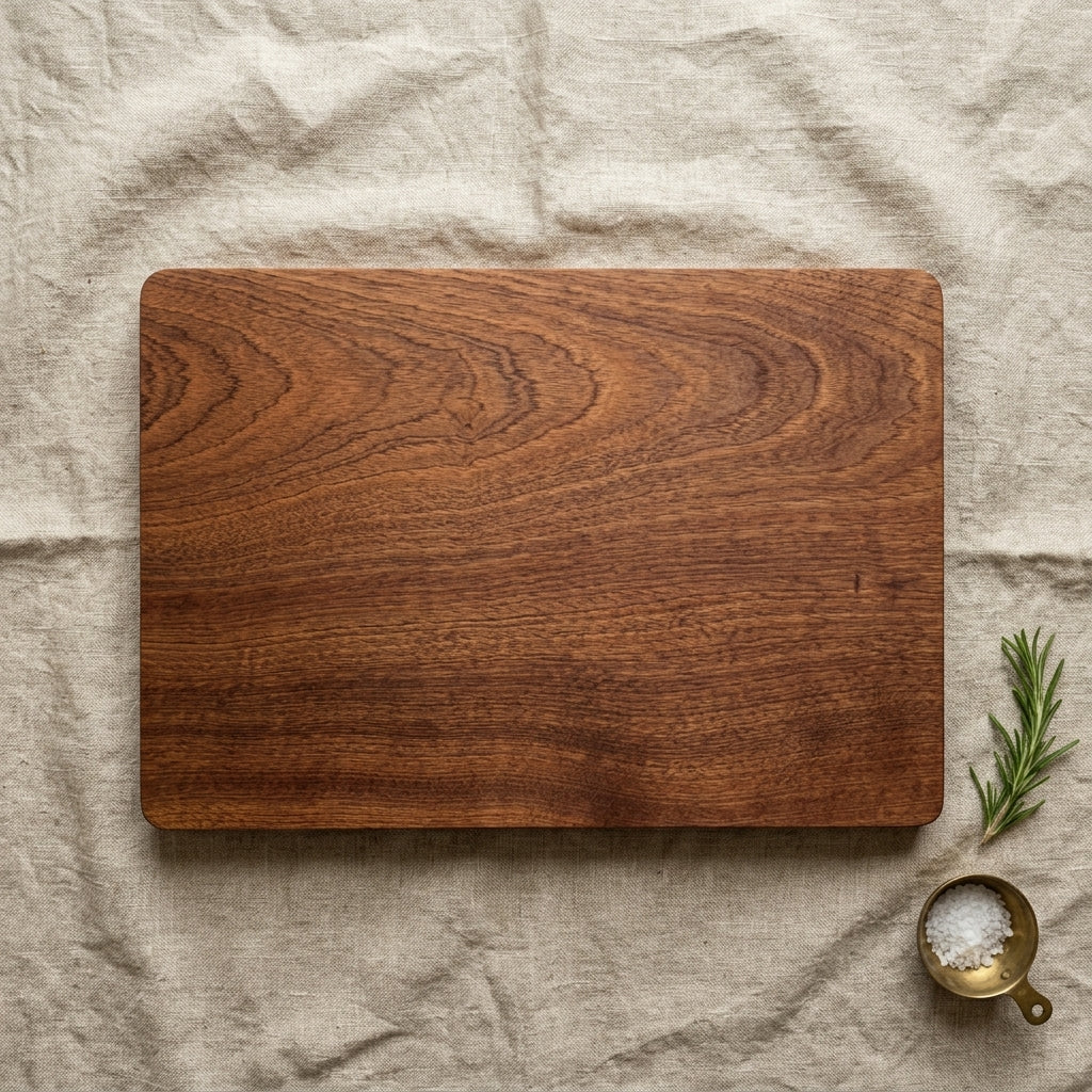 Solid mahogany cutting board on linen with rosemary and salt